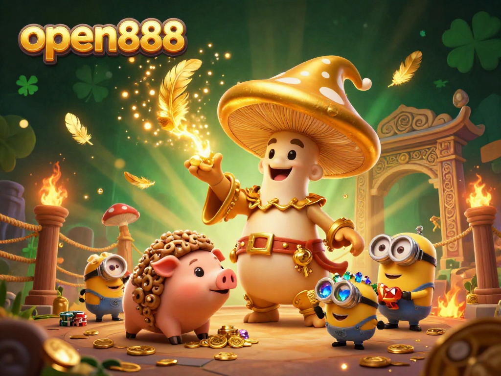 Engage with open888 and uncover treasure in a rich casino-themed 3D illustration with dynamic elements.