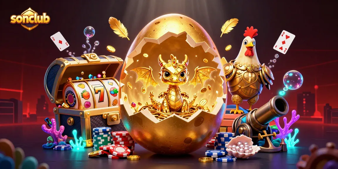 Experience sonclub's exciting gaming world with a golden dragon revealing poker chips and vibrant slot elements.