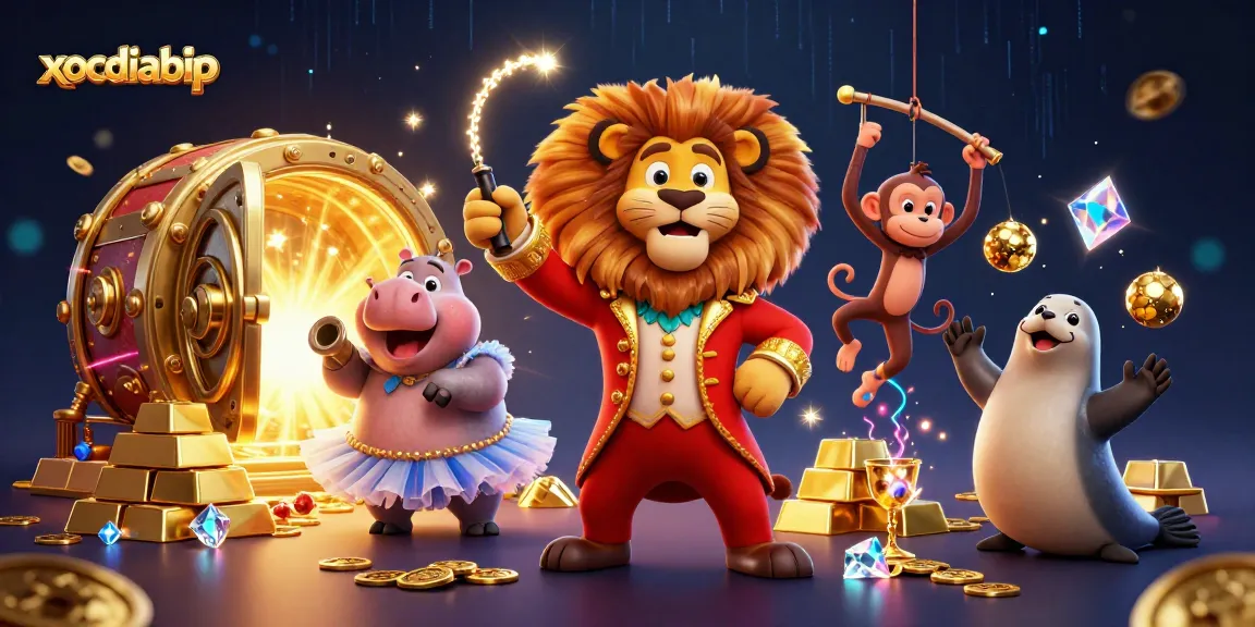 Xocdiabip showcases vibrant casino scenes with a circus theme and dynamic characters.