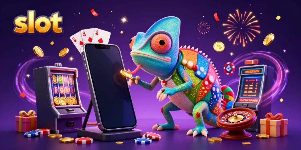 Berbagai permainan slot dengan chameleon kasino, smartphone, dan koin emas yang berjatuhan.