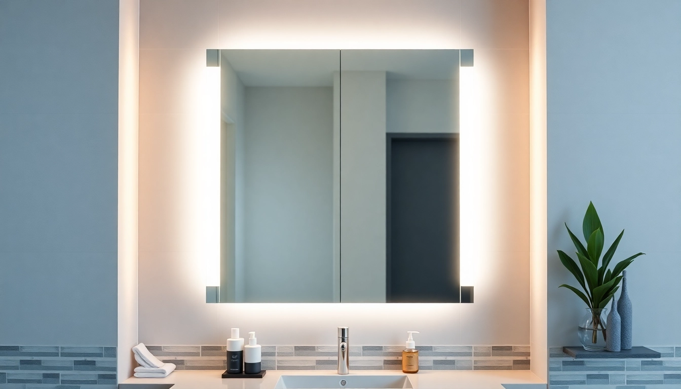 Spiegelschrank Bad mit Beleuchtung in modernem Badezimmer, elegant gestaltet und warm beleuchtet.