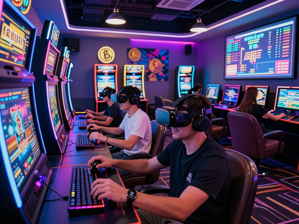 Exciting crypto casino gaming scene with diverse players immersed in technology.