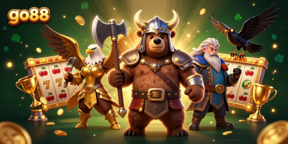 Spin the reels with go 88 in this vibrant 3D casino illustration featuring epic characters and dynamic elements.