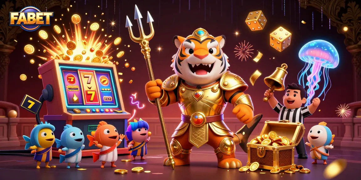 Engage in FABET's dynamic gambling world with a cartoon tiger shark and lively casino elements.