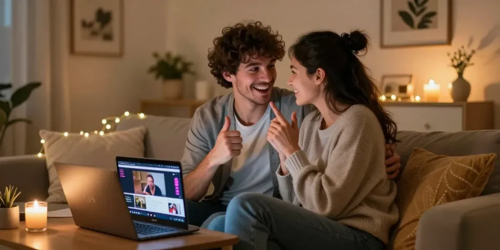 Couple sharing intimate moments while watching live sex cam in cozy home setting