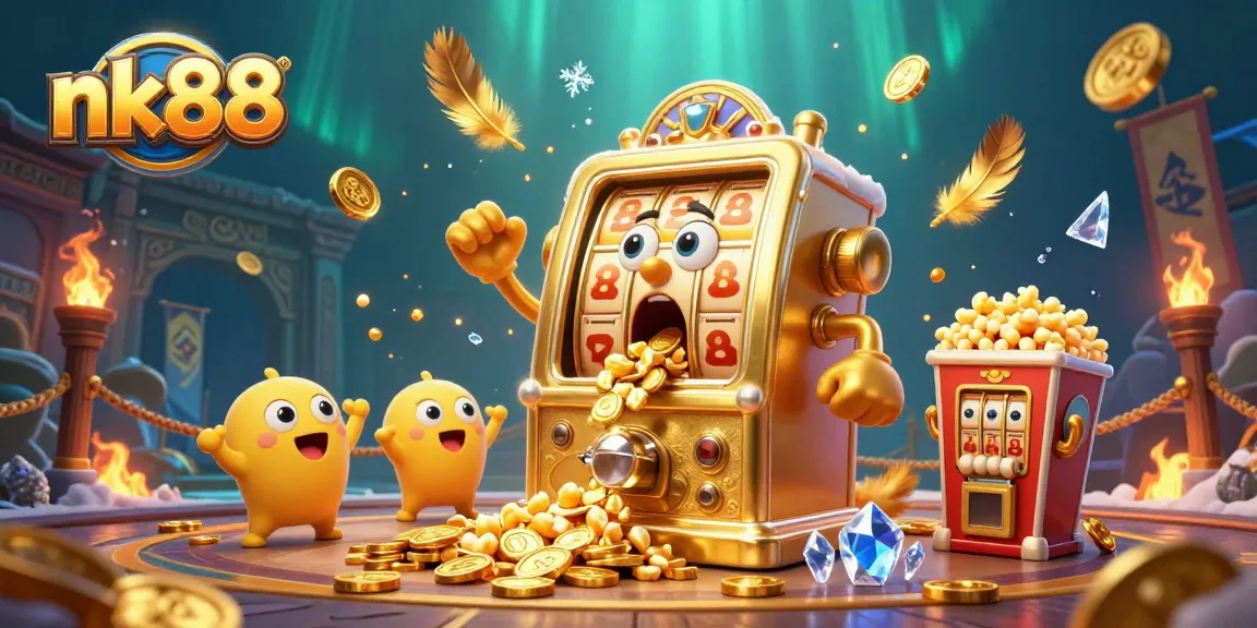 nk88 slot machine celebrates a jackpot while coins pour out, surrounded by festive elements.