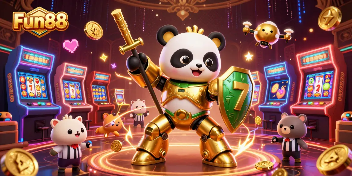 Engage in Fun88's dynamic gaming experience with a panda piloting a robot amidst vibrant casino elements.