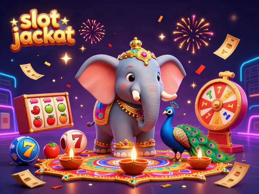 Engage with the thrilling slot jackpot scene featuring a Diwali-themed elephant and peacock amidst dynamic gaming elements.