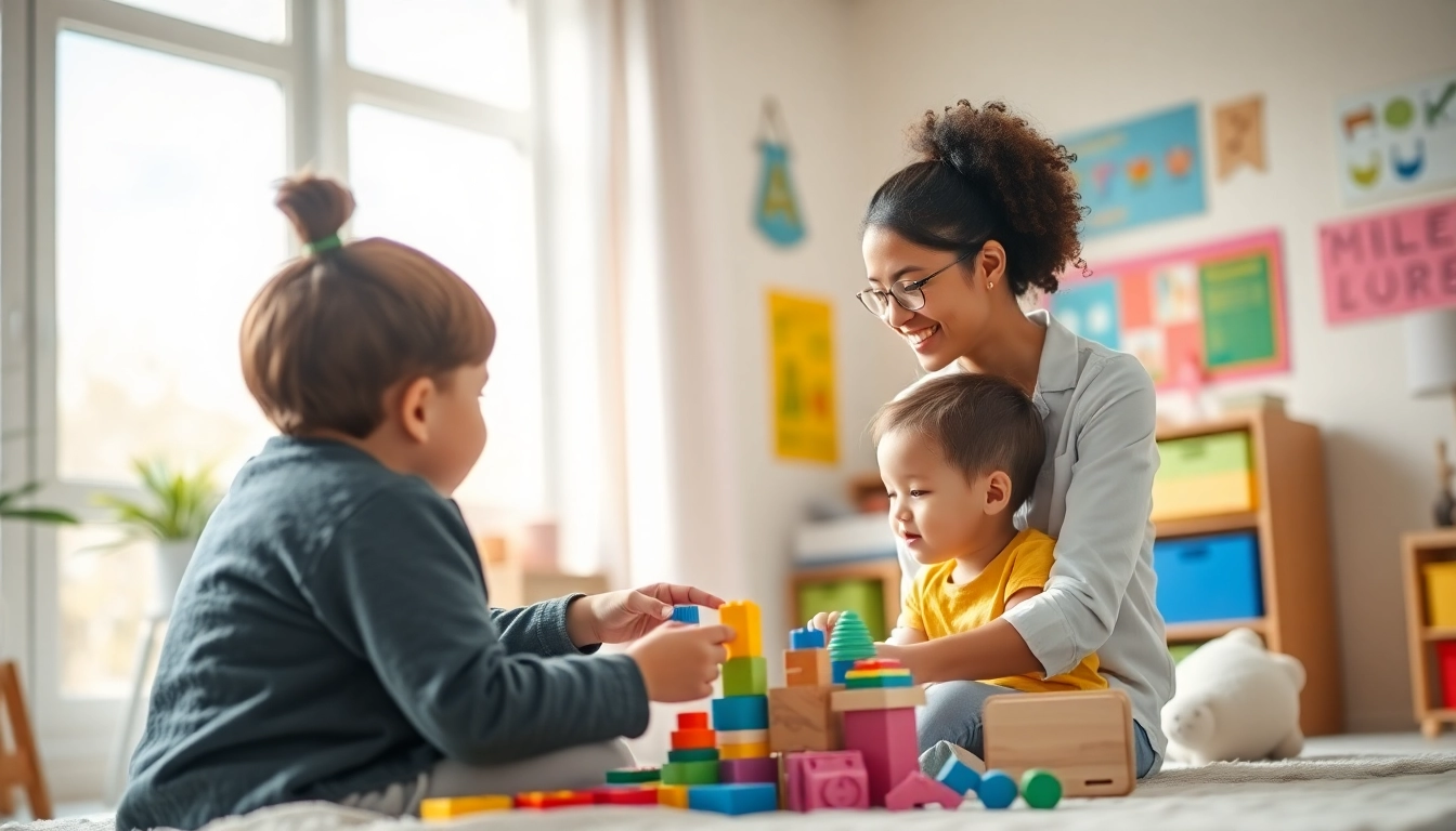 Engaging session of ABA therapy in Brighton, showing a therapist interacting with a child in a bright room.
