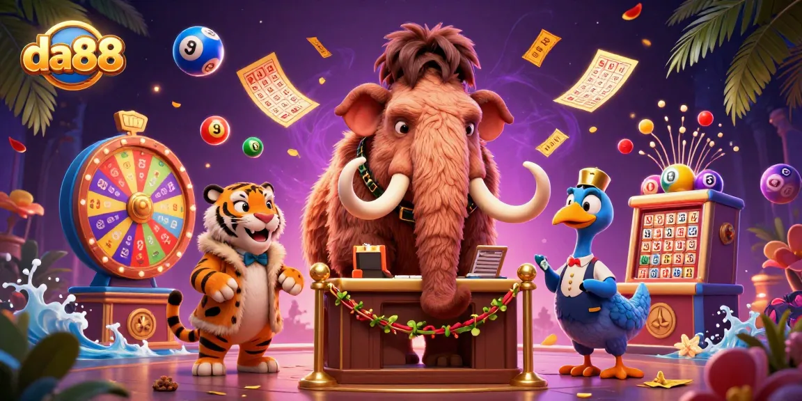 Experience da88 with a vibrant casino scene featuring a woolly mammoth bouncer and colorful lottery elements.