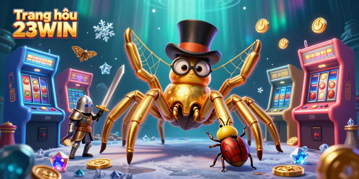 Engage with Trang chủ 23WIN's dynamic casino scene featuring a golden tarantula, beetle knight, and arcade machines.