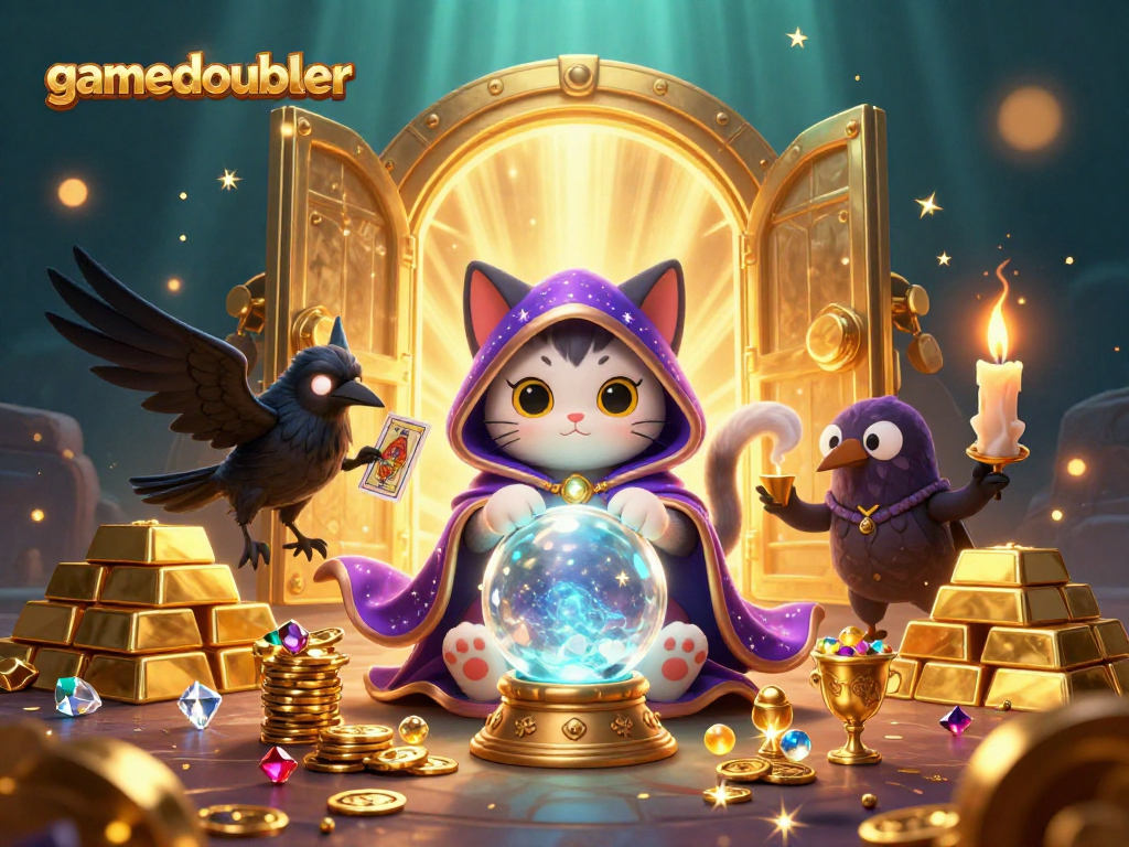 Experience gamedoubler's thrilling luck with fortune teller characters amid riches and vibrant gaming elements.