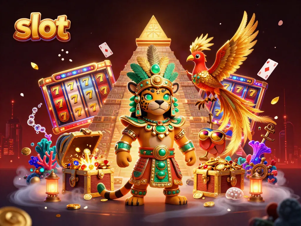 Slot yang menarik dengan simbol berkilau dan karakter 3D di lingkungan kasino.