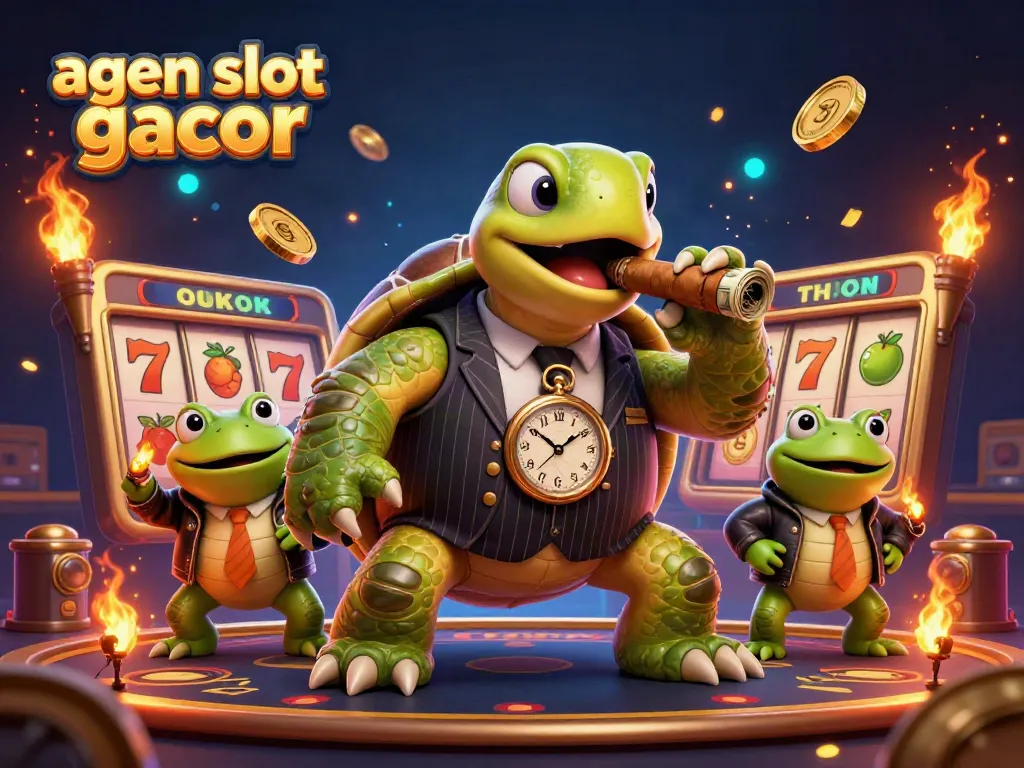 Experience winning with agen slot gacor featuring a turtle mobster in a lively casino scene.