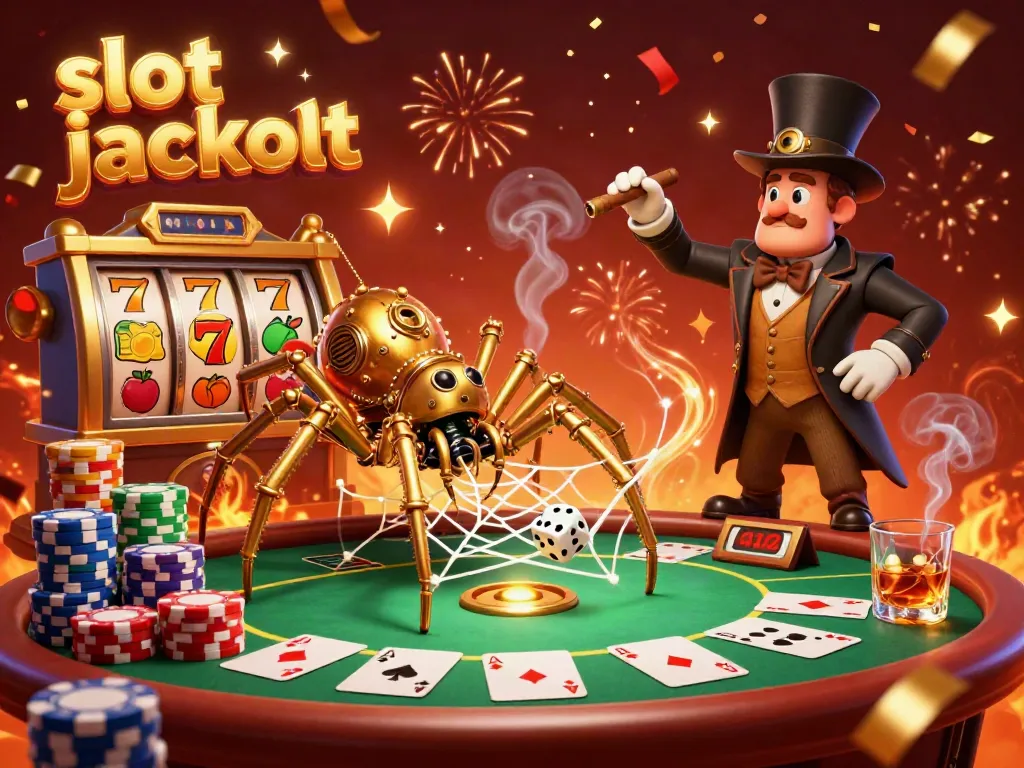 Experience a thrilling slot jackpot adventure with a steampunk spider and fly gentleman amidst vibrant casino elements.