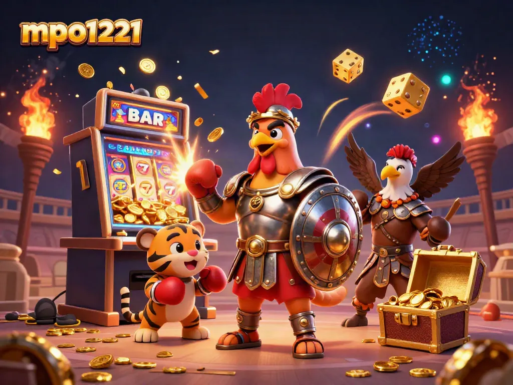 Experience the thrill of mpo1221 as a gladiator rooster battles with vibrant casino elements.
