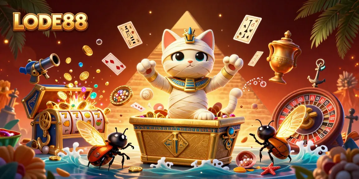 Engage with LODE88's vibrant gaming scene featuring a mummy cat in a rich, exciting casino.