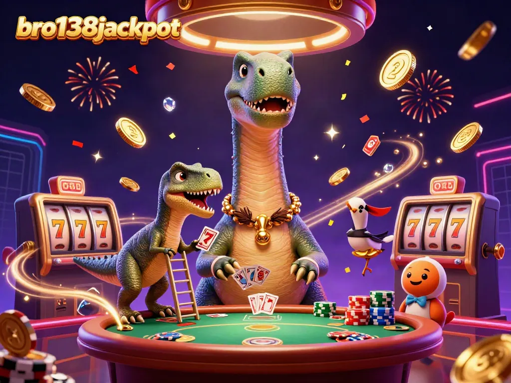 Engage with bro138jackpot in a mesmerizing casino scene featuring a towering brontosaurus and vibrant gaming elements.