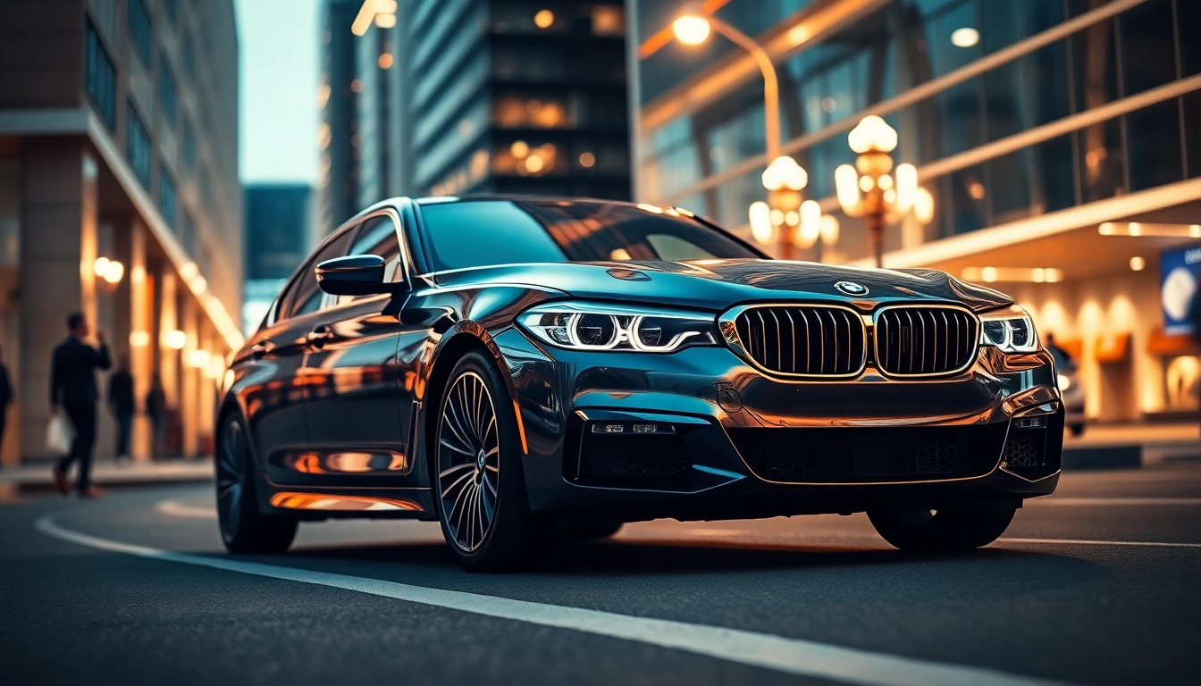 Showcase luxury BMW car against a vibrant urban backdrop, highlighting its sleek design and elegance.