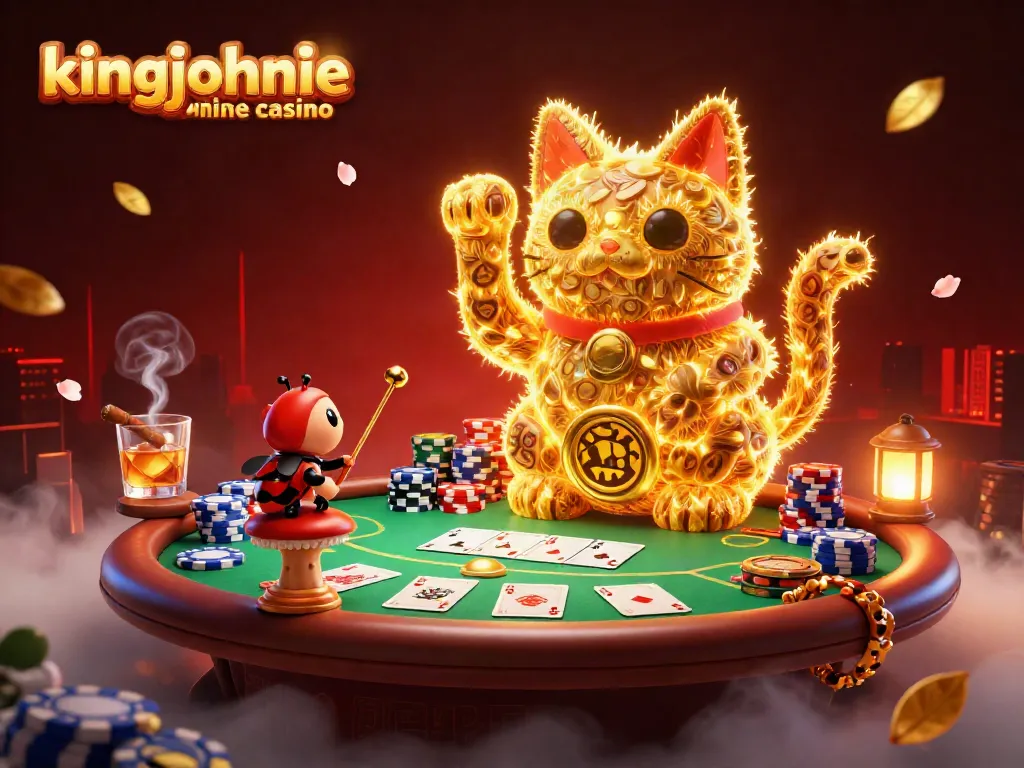 Experience kingjohnnie online casino with a vibrant, dynamic portrayal of a lucky cat and poker elements.