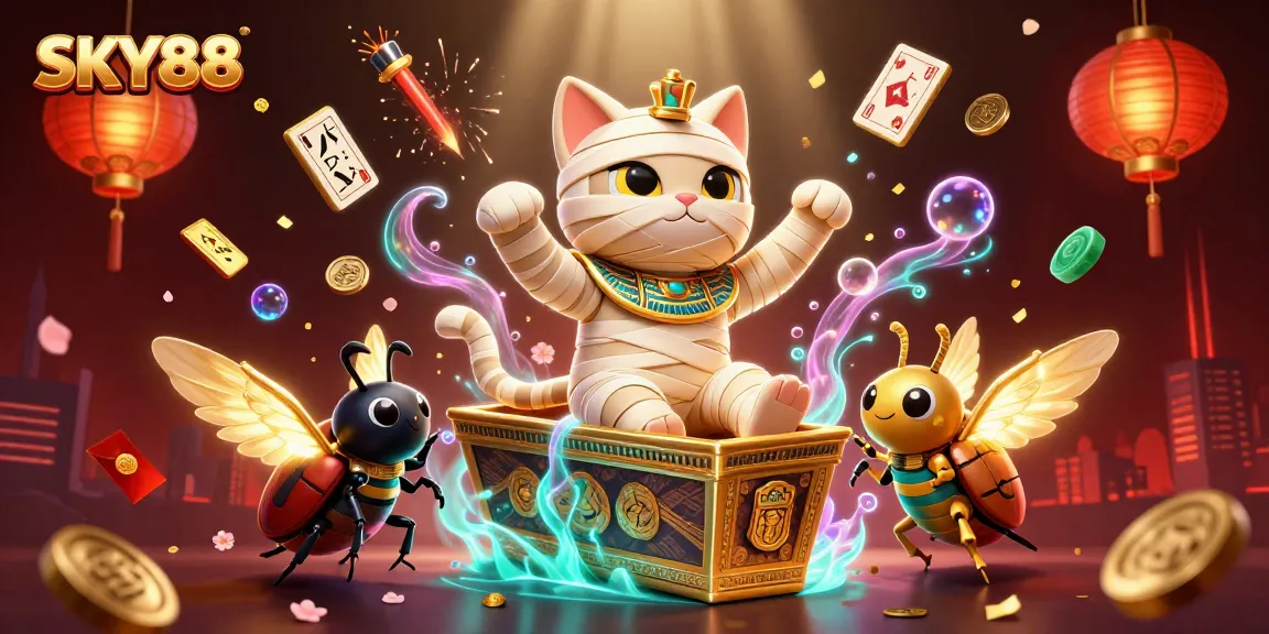 Experience the thrill of SKY88 as the Egyptian mummy cat and scarab beetle burst into action!