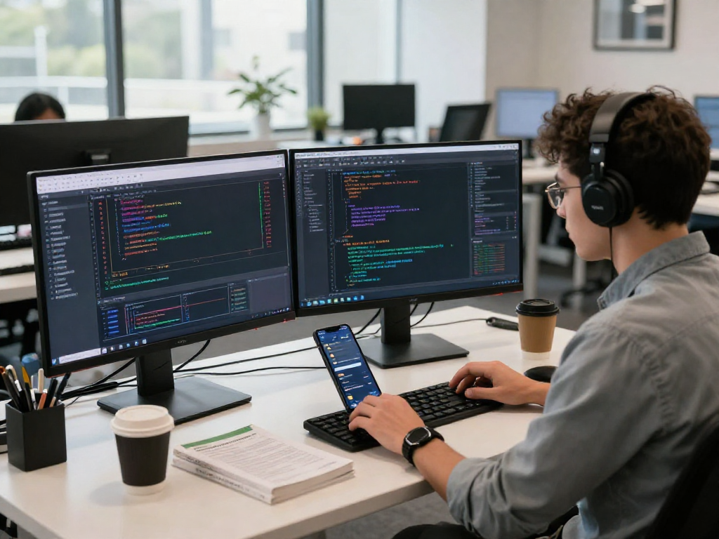 Developer utilizing a multi-currency pair API in a high-tech workspace, showcasing real-time data and coding.