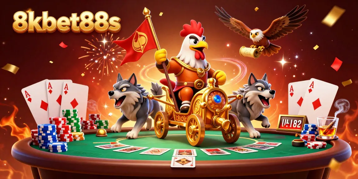 Engage in thrilling poker action with 8kbet88s as the rooster warlord leads the way in this captivating casino scene.