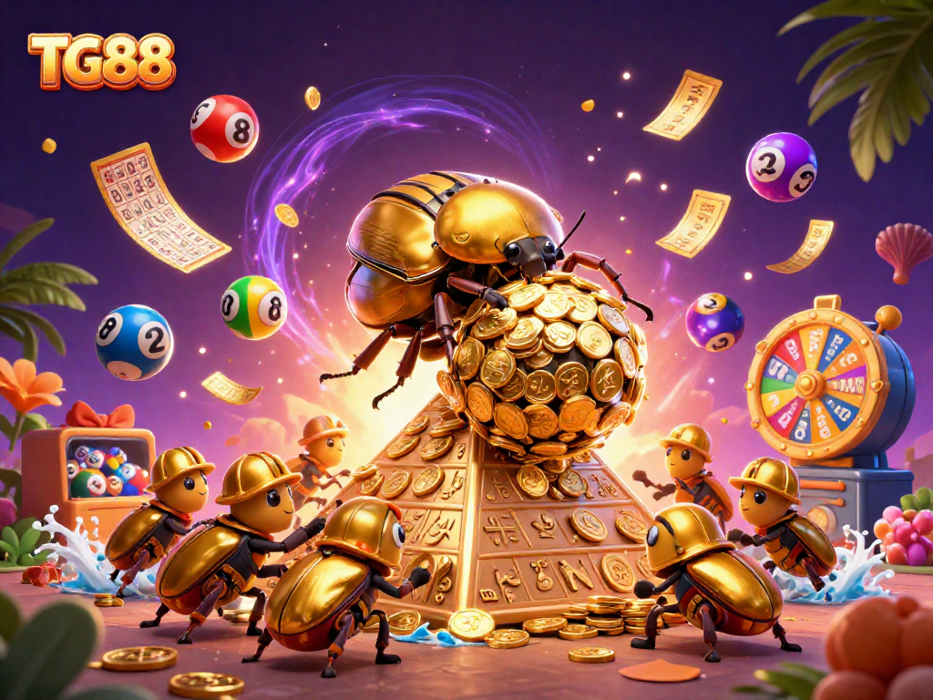 Experience big wins at TG88 with a vibrant 3D illustration of golden dung beetles and lottery elements.