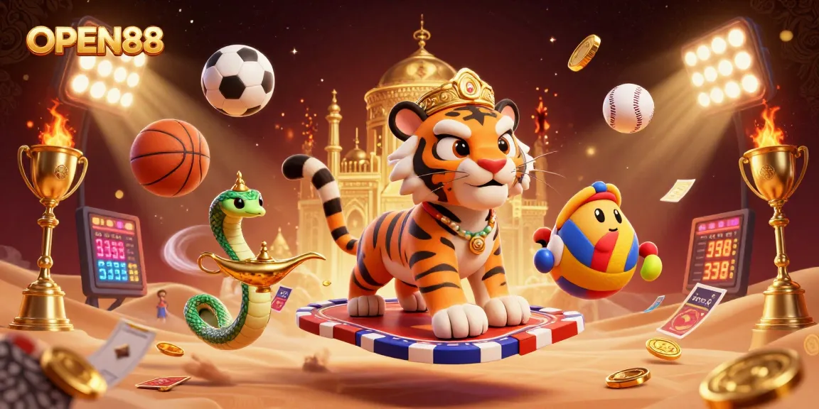 Experience winning thrills with OPEN88 as a tiger sultan flies over riches, surrounded by vibrant casino elements.