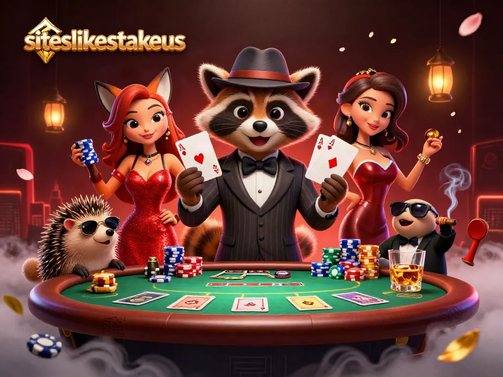 Experience thrills with siteslikestakeus as a raccoon plays a royal flush poker hand.