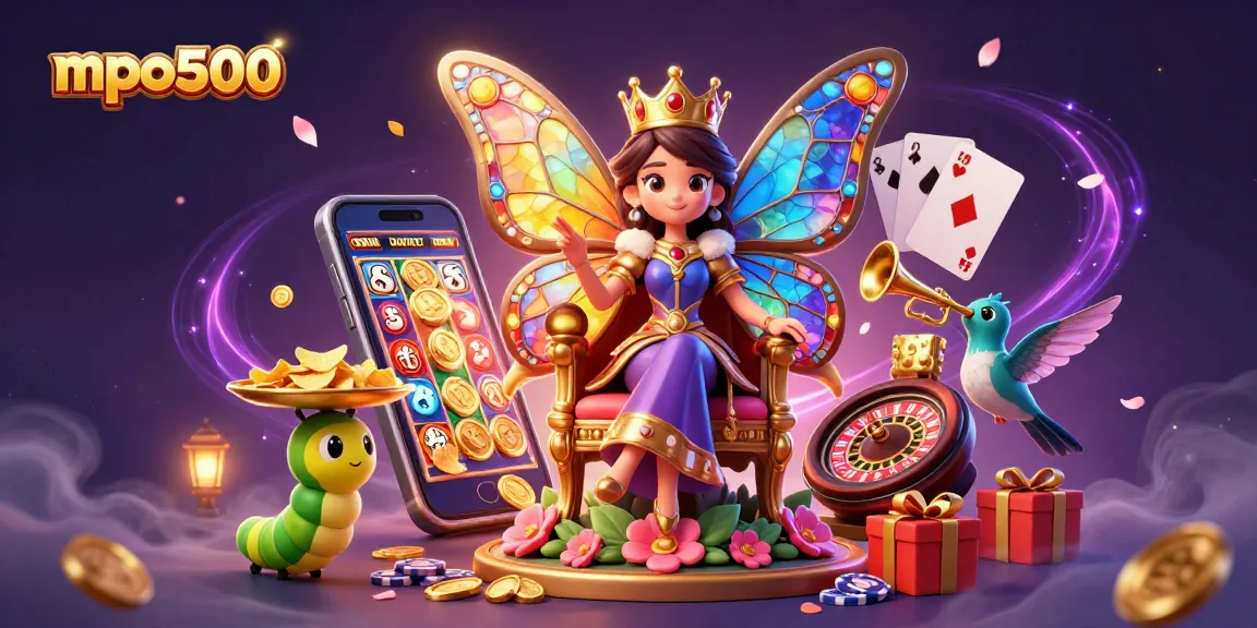 Spin to win with mpo500 in this vibrant online casino fantasy scene featuring 3D characters and elements.