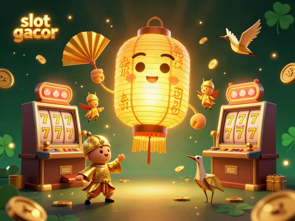 Engage with slot gacor action featuring a vibrant scene of 3D elements and golden symbols in a casino.