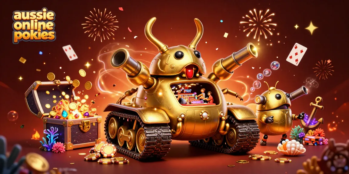 Spin the reels of aussie online pokies aboard a golden beetle tank bursting with casino excitement.