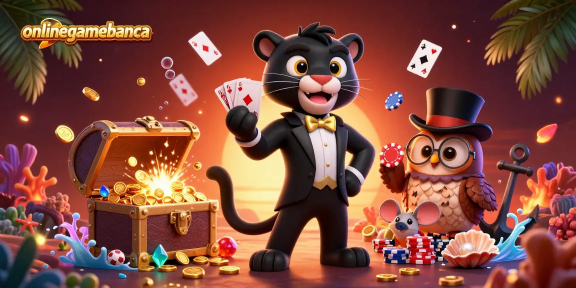 Experience the excitement at onlinegamebanca with a stylish 3D panther dealer surrounded by vibrant casino elements.