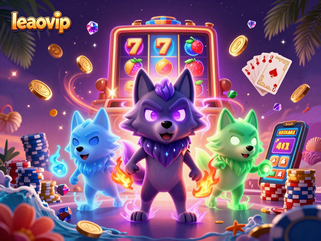 Engage with leaovip's vibrant 3D casino scene featuring a slot machine, glowing wolves, and treasure cascading throughout.
