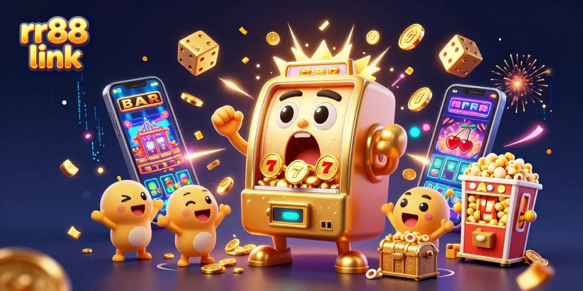 Win big with the rr88 link jackpot scene showcasing a lively golden slot machine and cheering baby slots.
