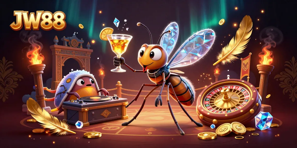 Experience the excitement of JW88's casino scene with a vibrant blizzard of gold coins and dynamic characters.