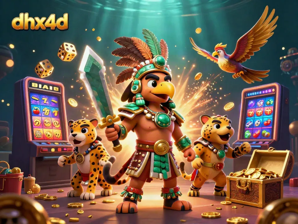 Slot gacor di DHX4D dengan karakter Aztec bertarung dan mesin slot meledak penuh koin.