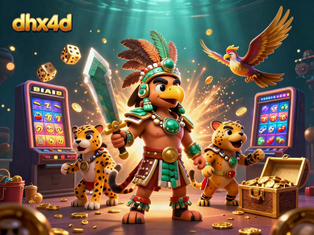 Slot gacor di DHX4D dengan karakter Aztec bertarung dan mesin slot meledak penuh koin.