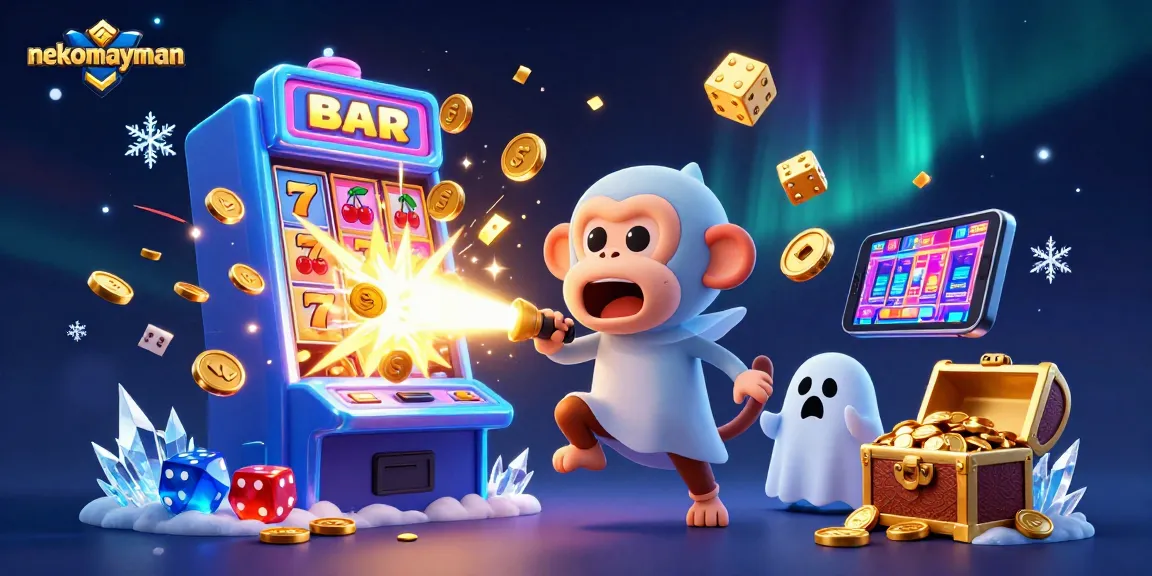 Neko May Mắn reveals secrets of slot winnings amidst vibrant casino illustrations.