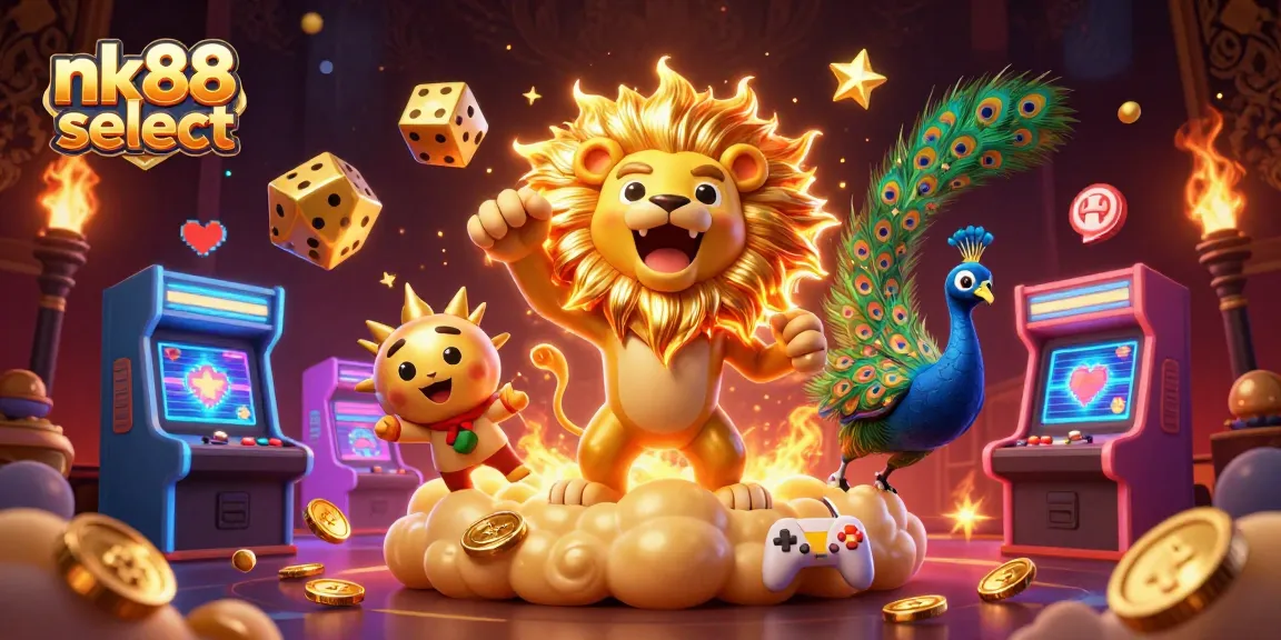 Engage with nk88 select as you discover thrilling online gaming elements in a vibrant 3D casino illustration.