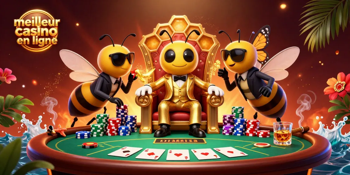 Le meilleur casino en ligne : ambiance immersive autour d'une table de poker animée avec un boss abeille et ses gardes.