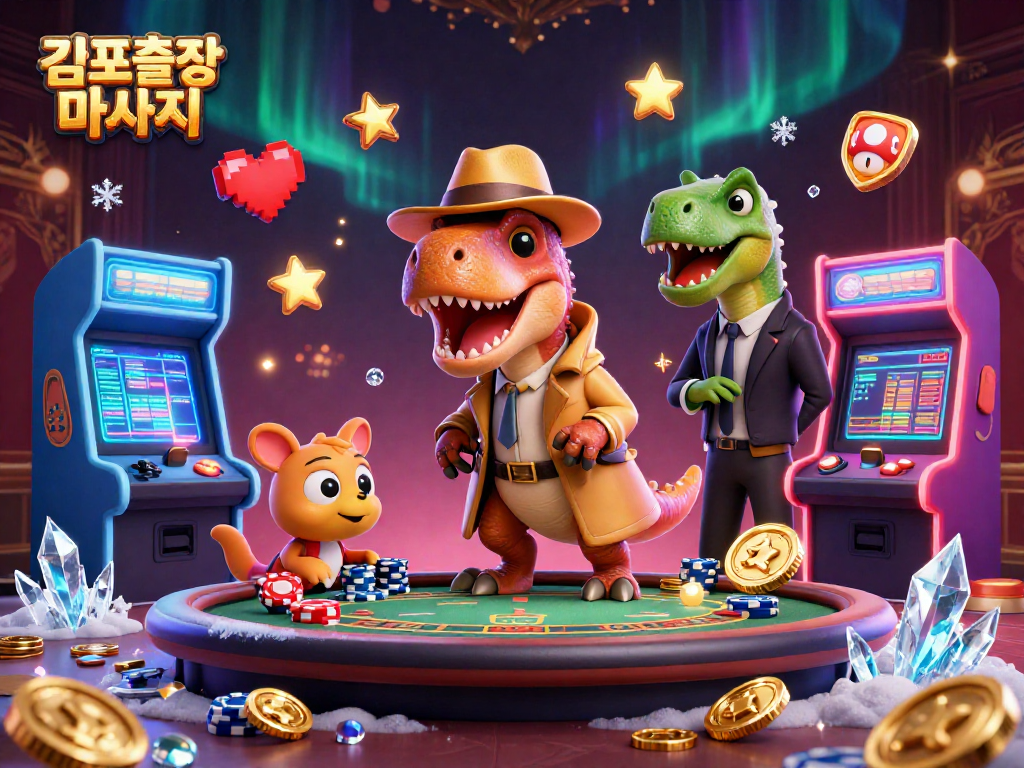 Experience excitement with 김포출장마사지 at a vibrant 3D casino scene featuring playful characters.