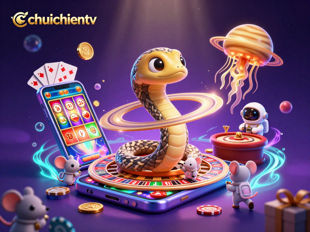 Experience thrilling betting action on chuoichientv with playful astronaut mice and a cosmic dealer in a vibrant 3D scene.