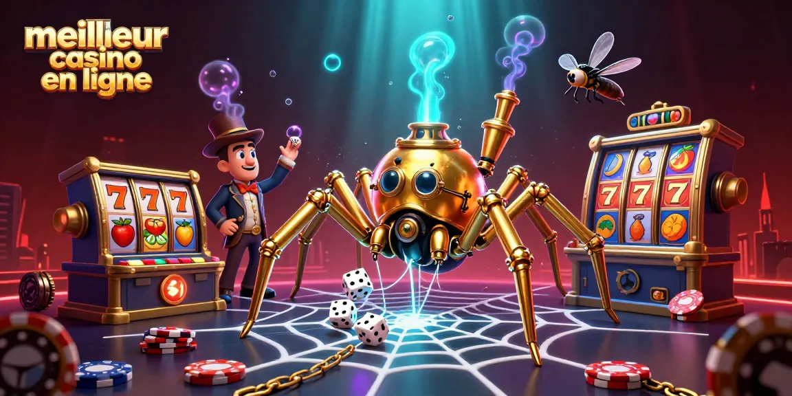 Illustration dynamique du meilleur casino en ligne avec une araignée dorée steampunk et des rouleaux de machines à sous, captivant l'argent.