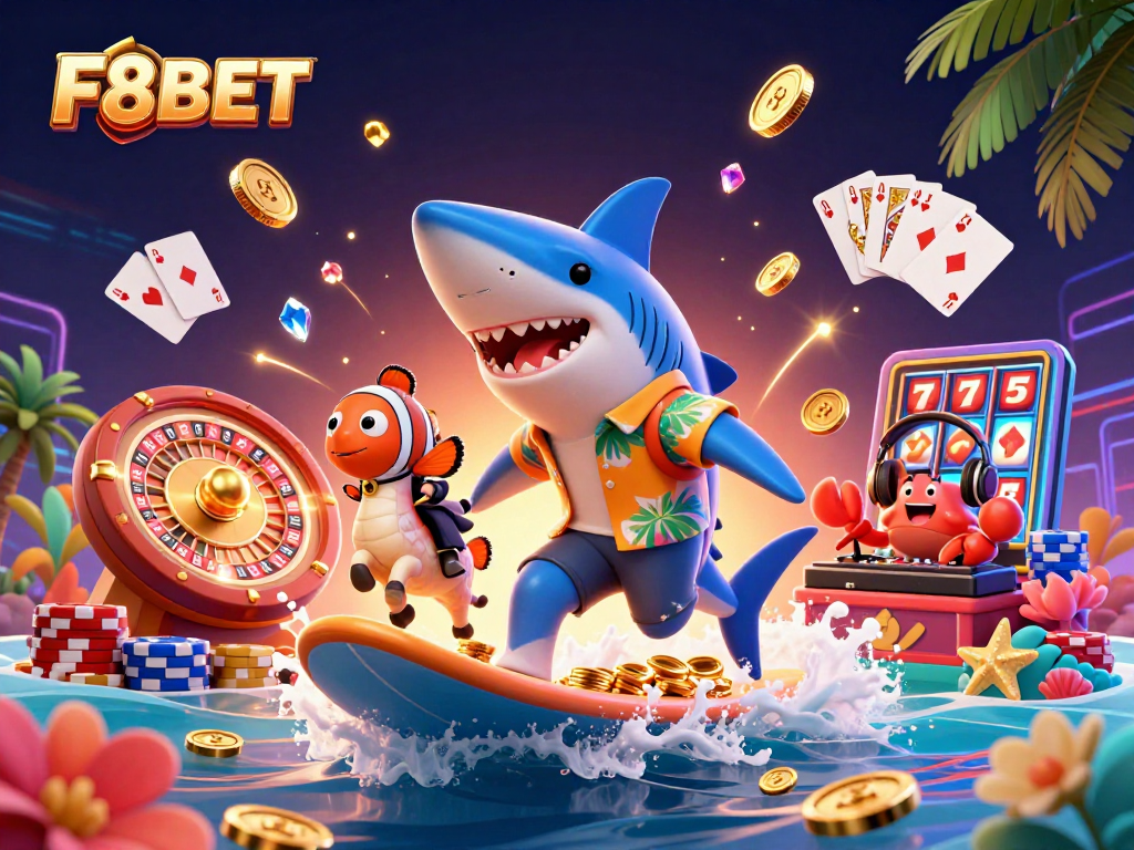 Experience excitement with F8BET as characters surf on gold coins amid vibrant casino elements.