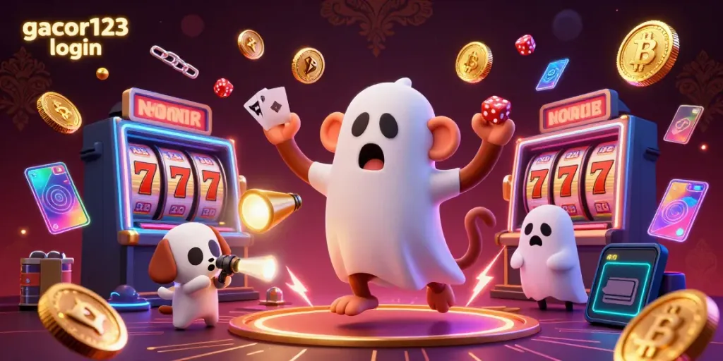 Experience the excitement of gacor123 login with a ghost-hunter puppy tracking a mischievous monkey in a lively casino.