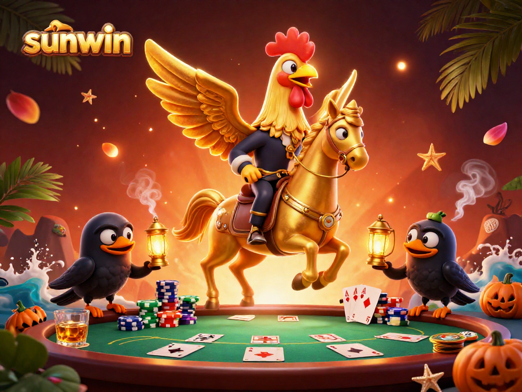 Experience the excitement at Sunwin's casino with a golden rooster in a vibrant gaming scene.