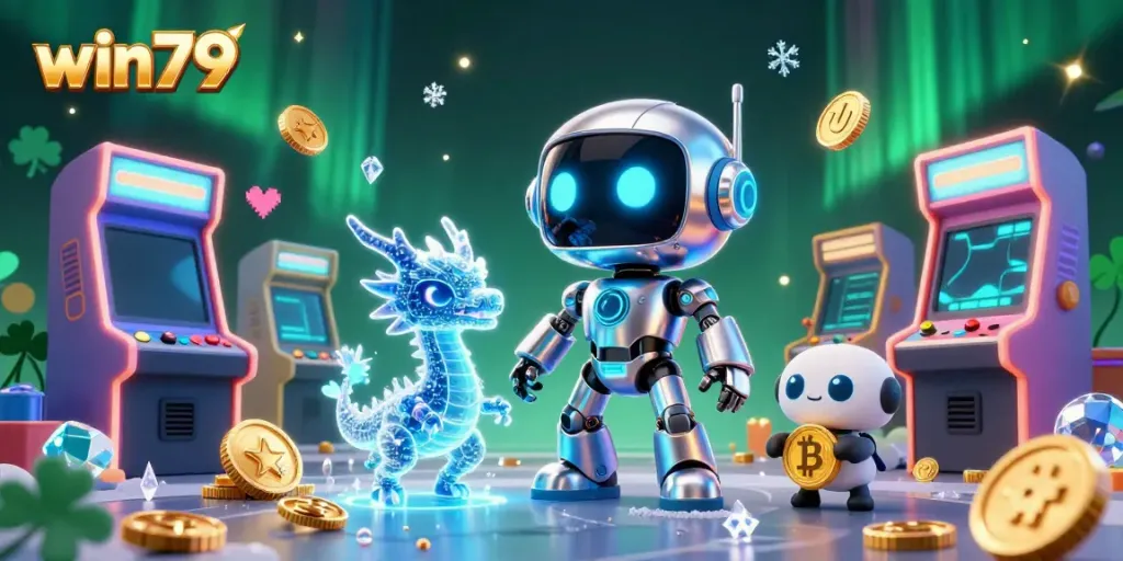 Exciting win79 3D illustration featuring a cyberpunk robot and holographic dragon amidst casino gaming elements.