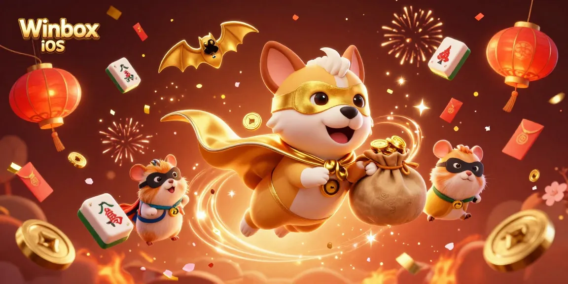 Access exciting gaming with the Winbox iOS app featuring a superhero dog and vibrant casino elements.